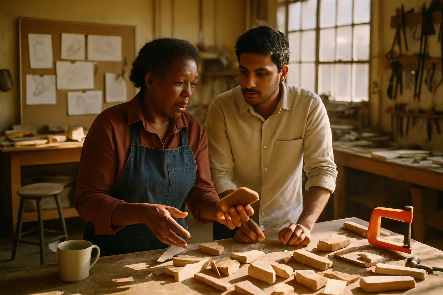 Black woman and South Asian man discuss wooden prototype in sunlit workshop, surrounded by earlier failed attempts, illustrat