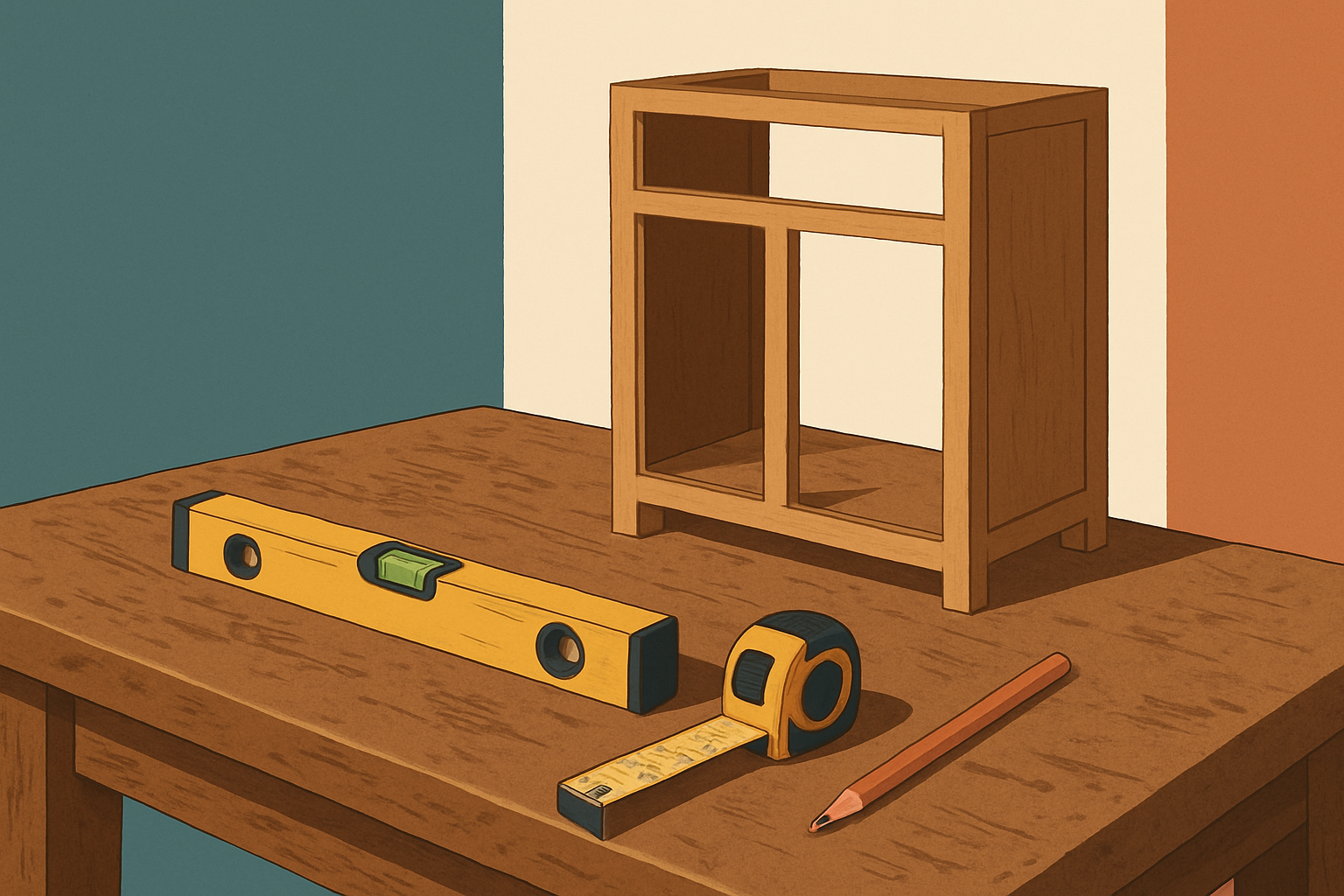 Wooden workbench with hand tools and unfinished cabinet frame showing careful preparation for AI adoption in enterprise compa