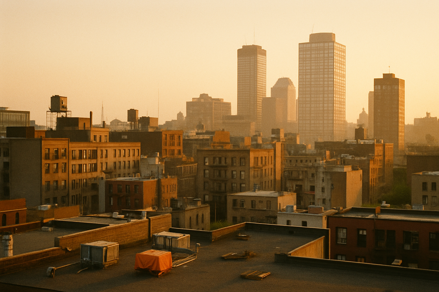 Wide cityscape at golden hour showing layered downtown buildings and rooftops, illustrating organizational complexity affecti