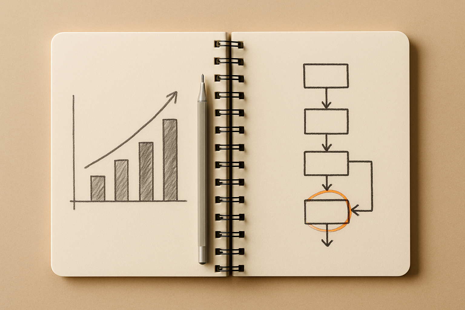 Overhead view of open notebook with pencil-sketched bar chart and workflow diagram, one arrow circled in orange, showing ai a