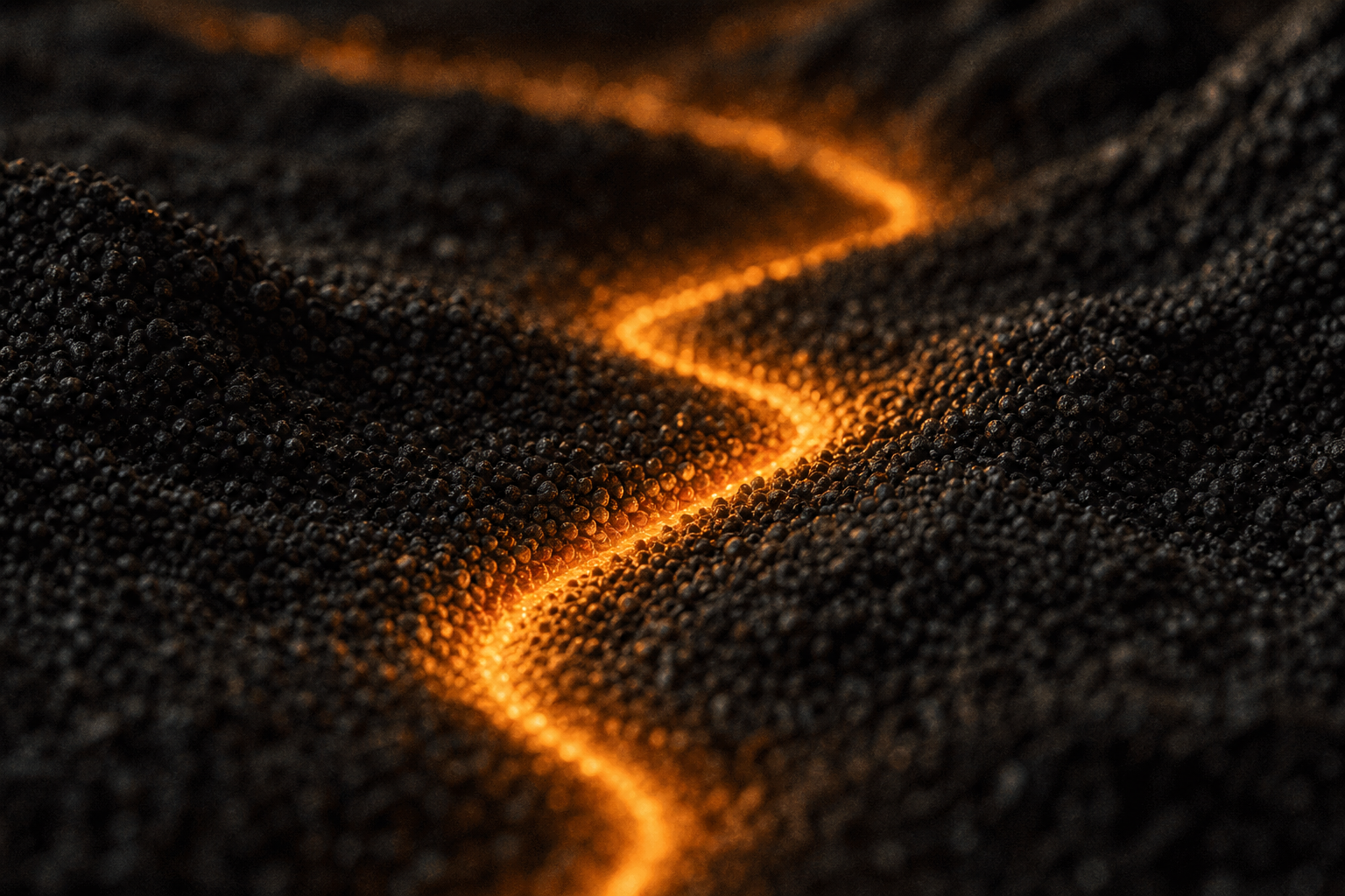 Orange light flows through dark charcoal granules, illustrating the ai alignment problem in a textured landscape