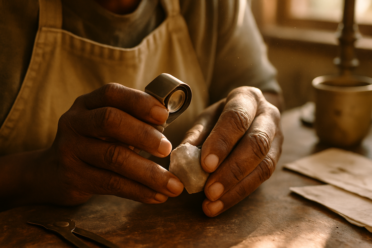 Weathered hands adjusting a jeweler's loupe over an unpolished gemstone during careful ai assessment on a sunlit wooden workb