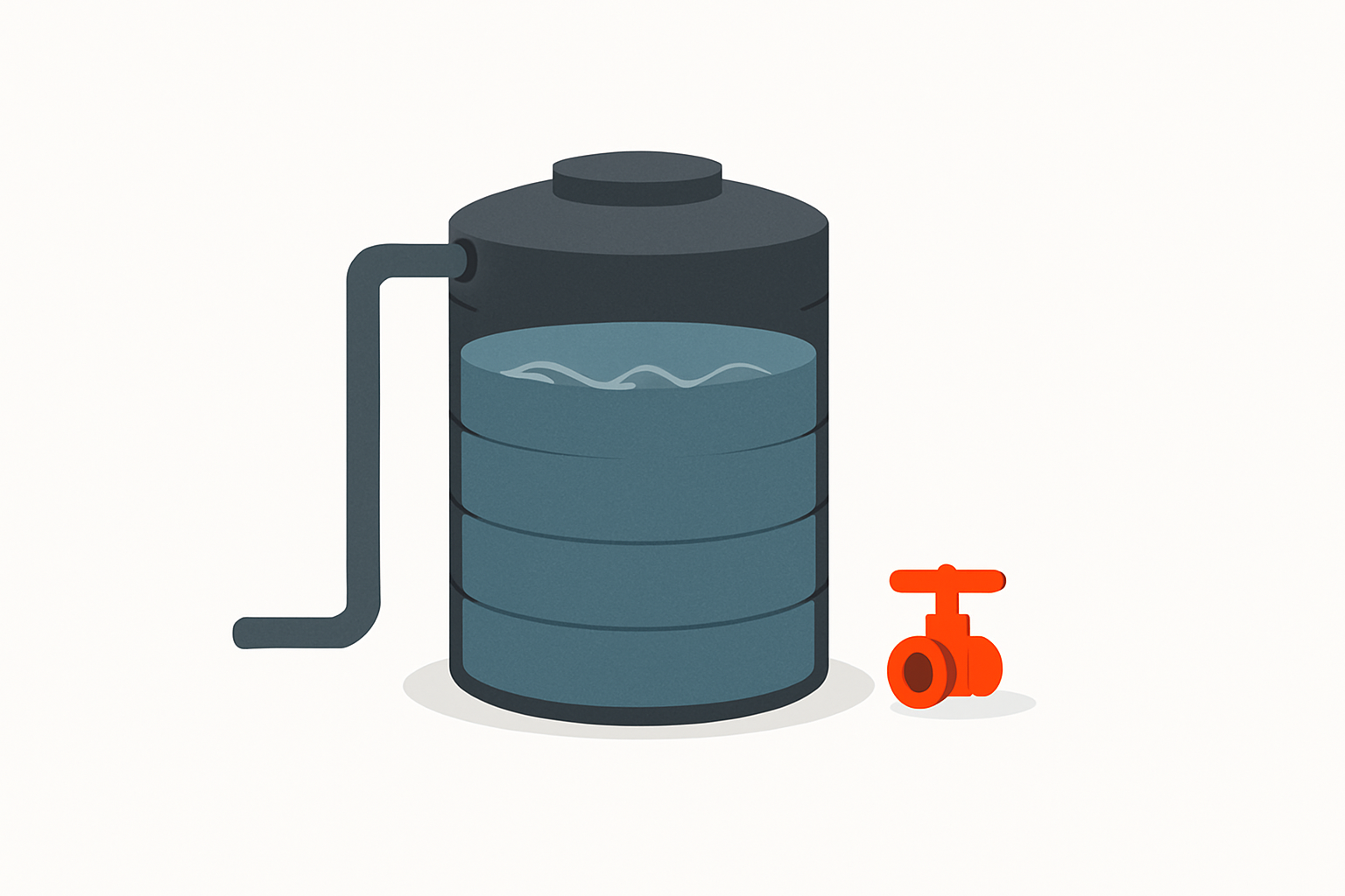 Charcoal grey tank filling with liquid but no outlet pipe, with a disconnected orange valve waiting nearby