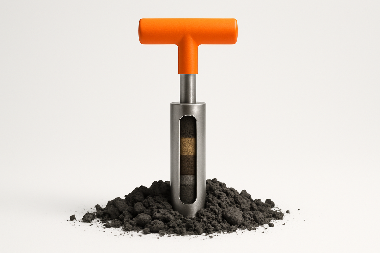 Soil core sampling tube with a Robot Orange handle driven into crumbled grey earth, illustrating ai change management best pr