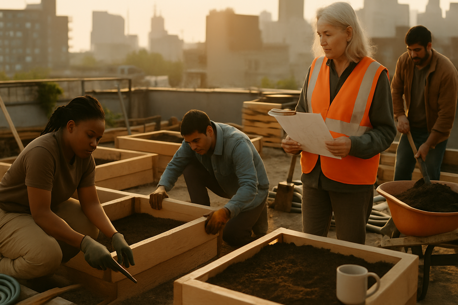 Diverse rooftop garden crew building raised planting beds at golden hour, reviewing plans and adjusting ai change management