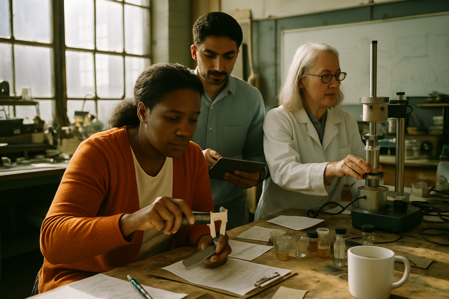 Diverse research team examines material samples at cluttered lab workbench while implementing ai change management best pract