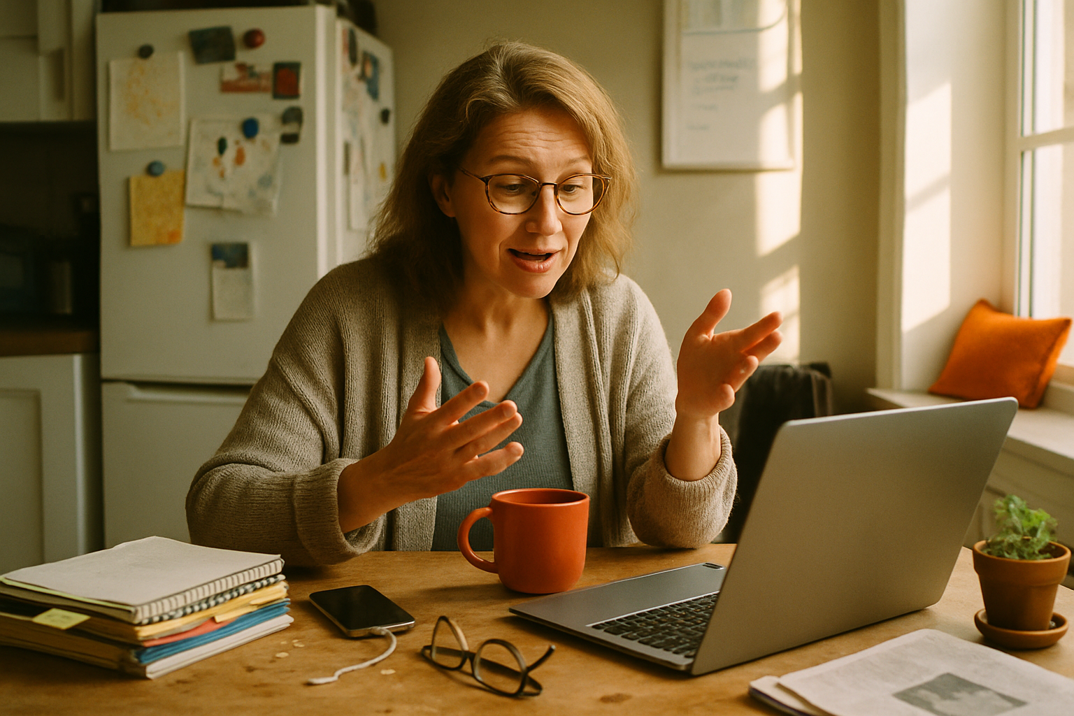 Woman in cardigan on video call at kitchen table during ai change management work, warm morning light, lived-in home office s