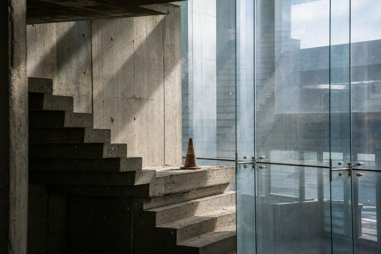 Brutalist concrete stairs end at a glass wall with an orange cone, showing how AI changing systems impacts design