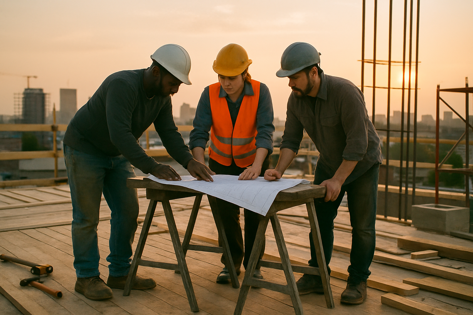 Diverse crew in work clothes reviewing plans on rooftop construction site at golden hour, one person in orange safety vest, t