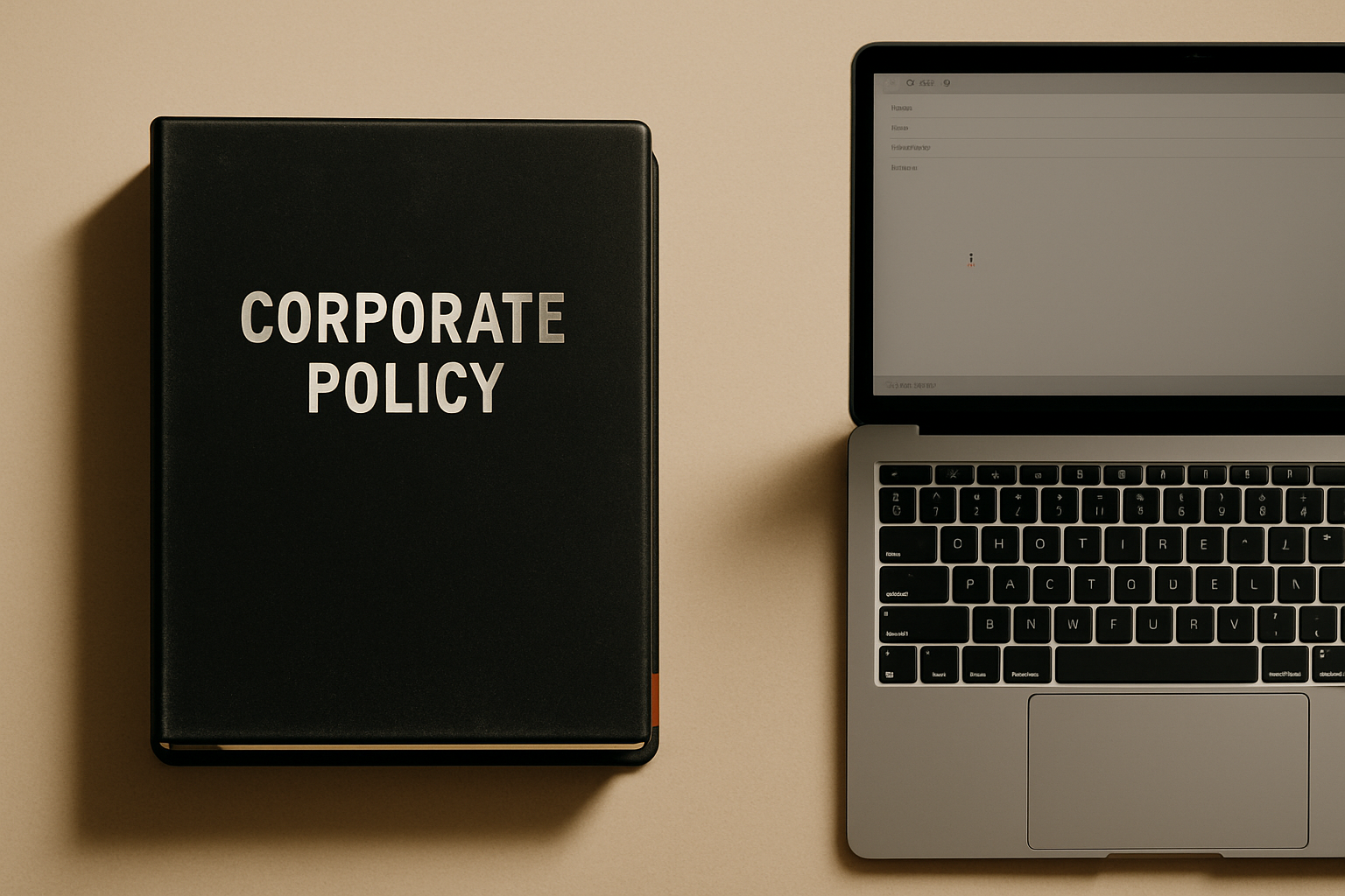 Dusty unopened policy binder beside a laptop draft, symbolizing ai governance theatre over real action