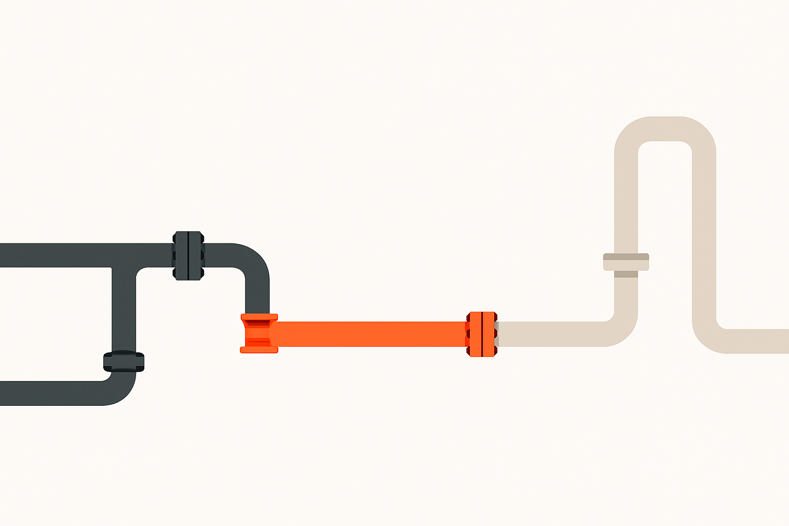 Orange-filled pipe segment mid-route among grey couplings, symbolising a working step in an ai implementation checklist