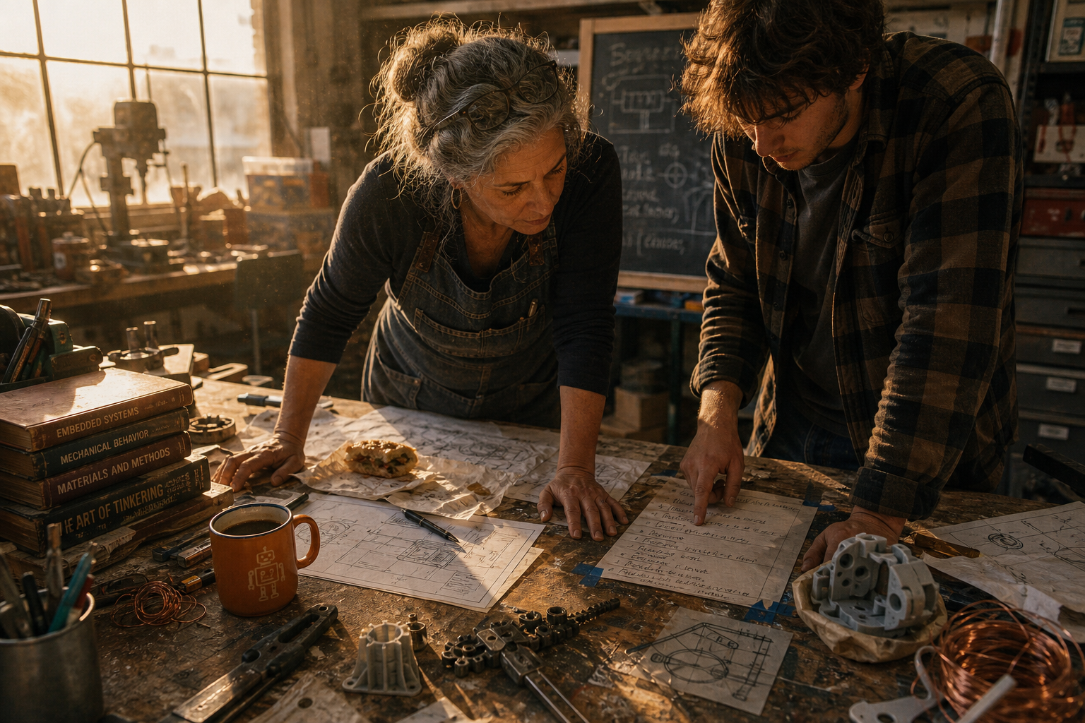 Two people reviewing a handwritten AI implementation checklist at a workbench in a sunlit, busy makerspace