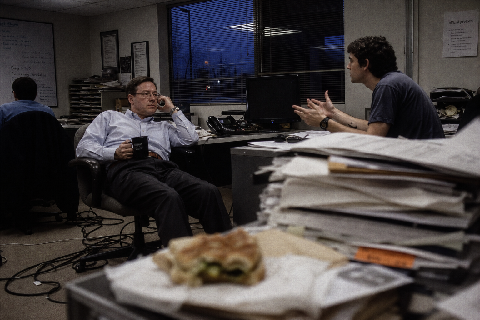 An exhausted manager listens to a colleague gesture toward a monitor, illustrating hidden ai implementation risks