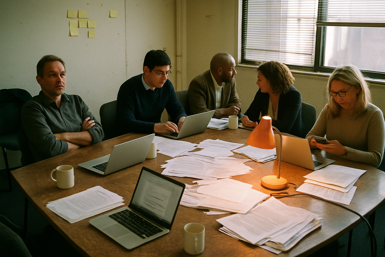 Five executives at a conference table working separately on laptops and papers illustrating lack of ai leadership alignment i