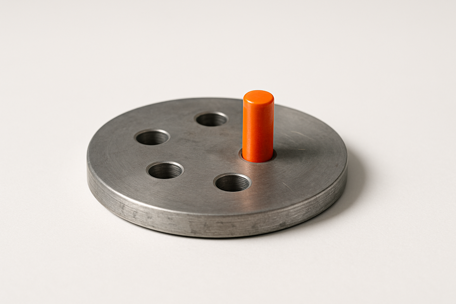 Round steel disc with five sockets in a circle, one filled by an orange peg, symbolizing ai leadership alignment