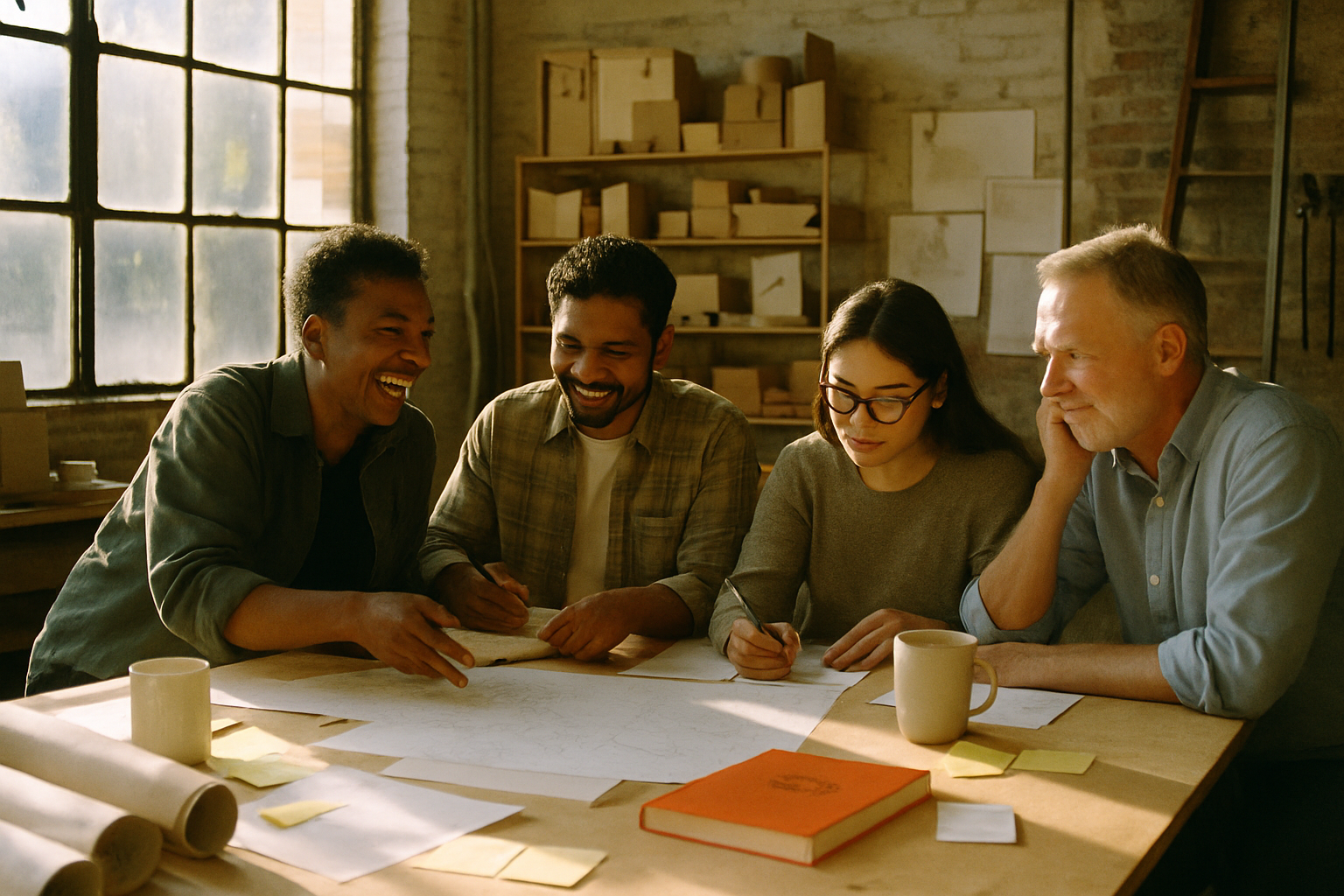 Four professionals collaborate around a sunlit studio table during ai leadership training, sketching and discussing ideas wit