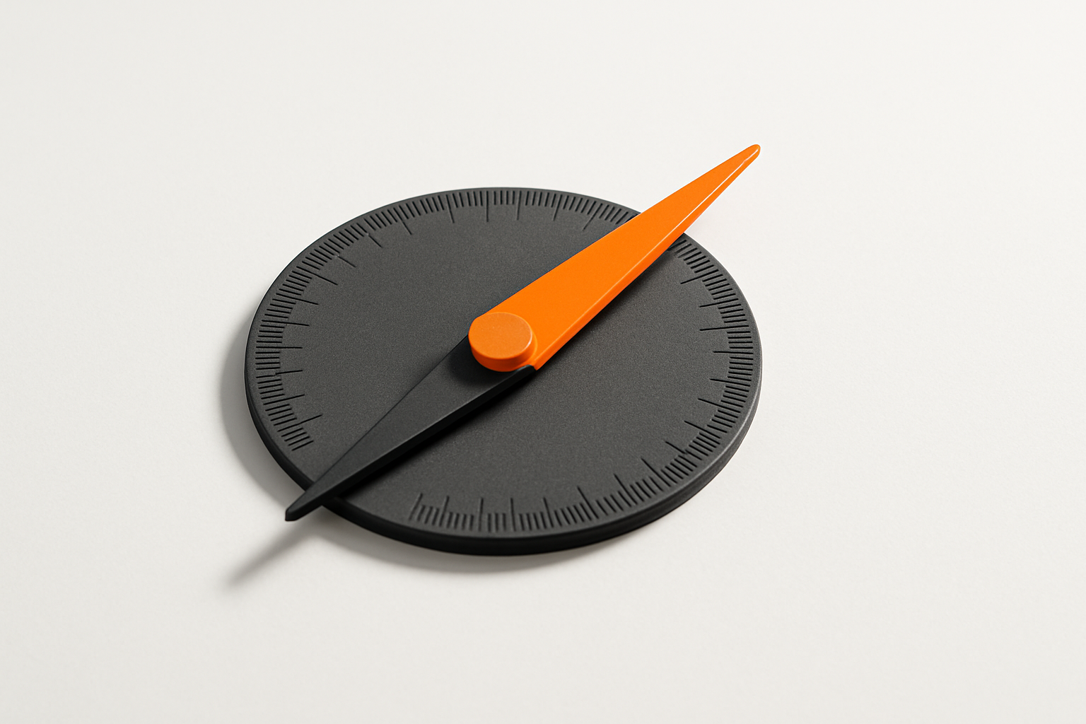 Charcoal grey compass protractor with an orange pointer arm frozen between notches, symbolising misaligned ai leadership trai