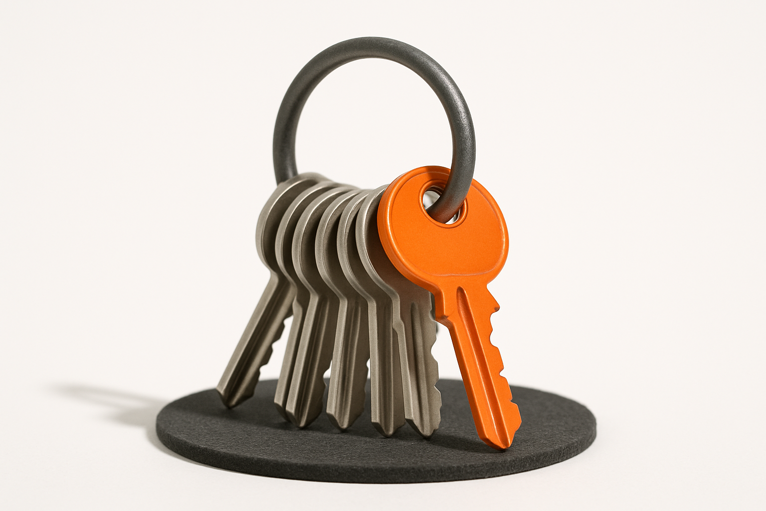 Charcoal key ring with identical blank metal keys and one distinct orange key with fully cut teeth, on white background