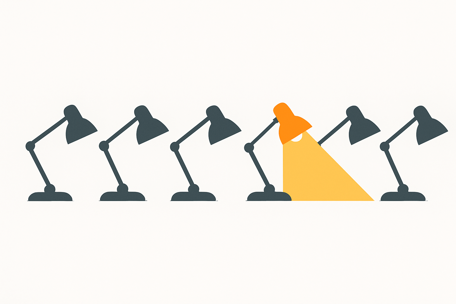 Row of identical grey desk lamps switched off, one glowing orange apart from the rest, symbolising ai marketing readiness
