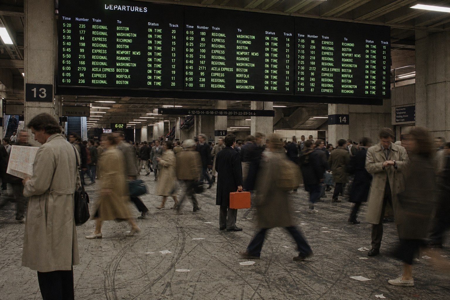 Commuters rush through a busy brutalist station beneath a green digital ai maturity assessment board showing on time trains