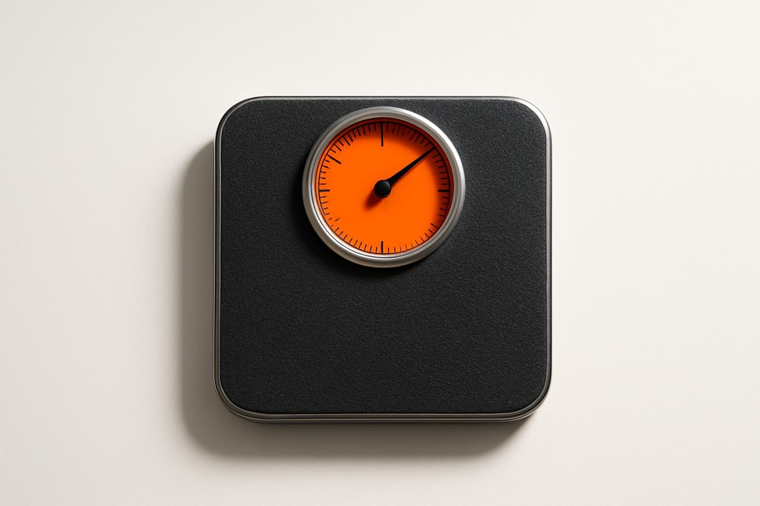 Charcoal grey analog scale with glowing orange dial, symbolizing an ai maturity assessment score on white backdrop