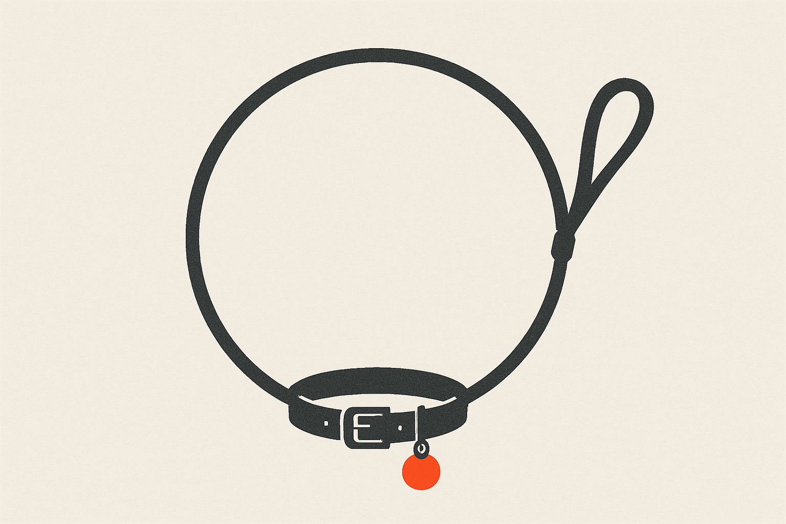 Charcoal leash looping back to clip itself, orange tag centered, symbolizing an ai productivity strategy gone circular