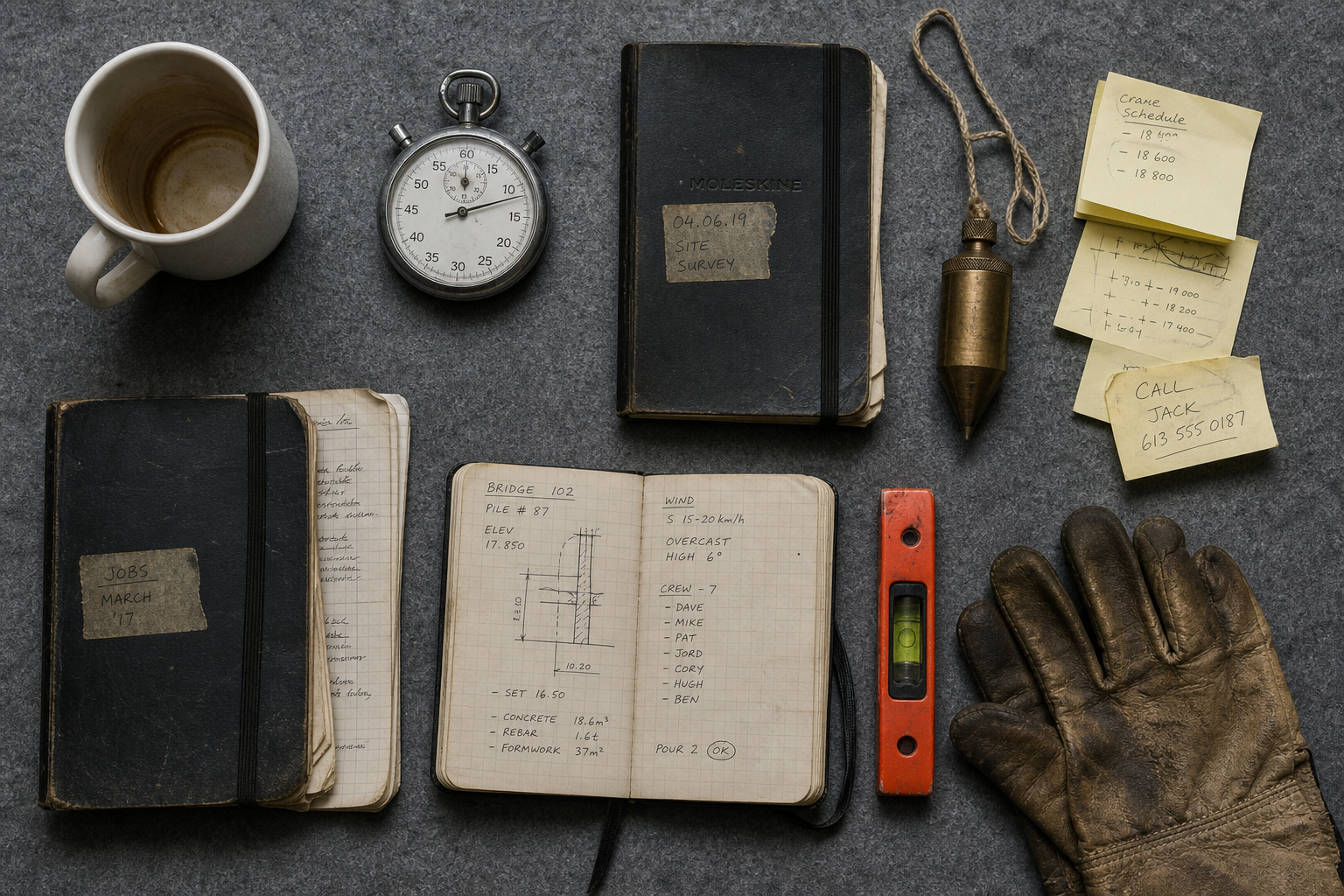 Vintage stopwatch, notebooks, and a spirit level on industrial felt representing a physical ai readiness assessment