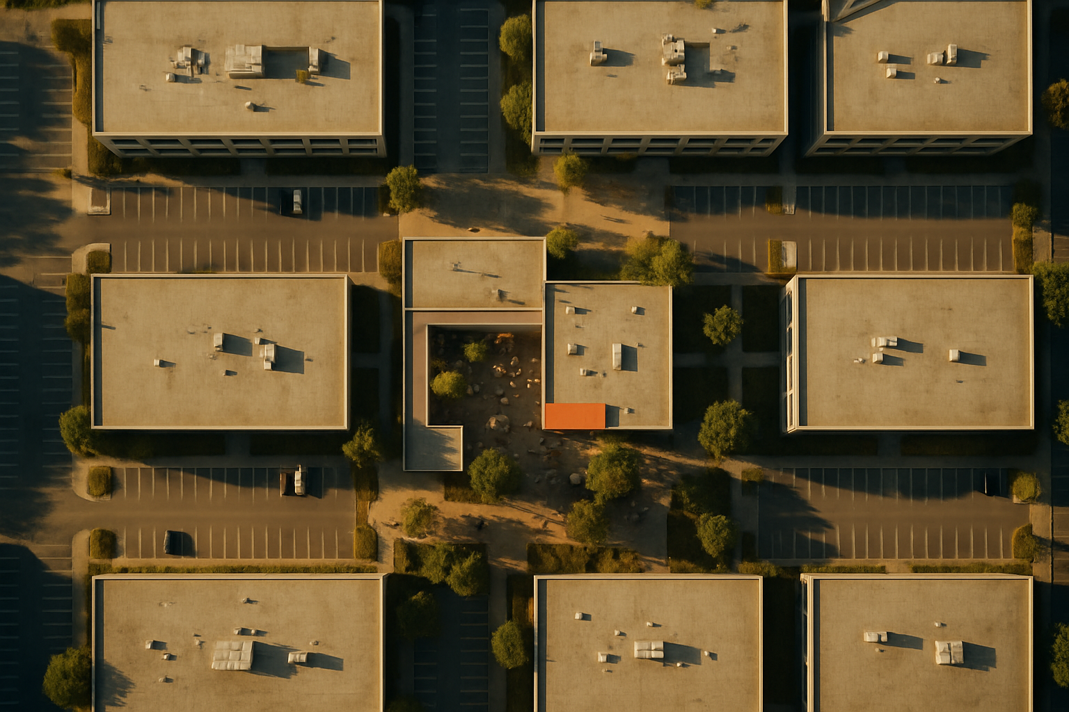 Aerial view of corporate office park where one building with orange awning shows activity while surrounding identical buildin