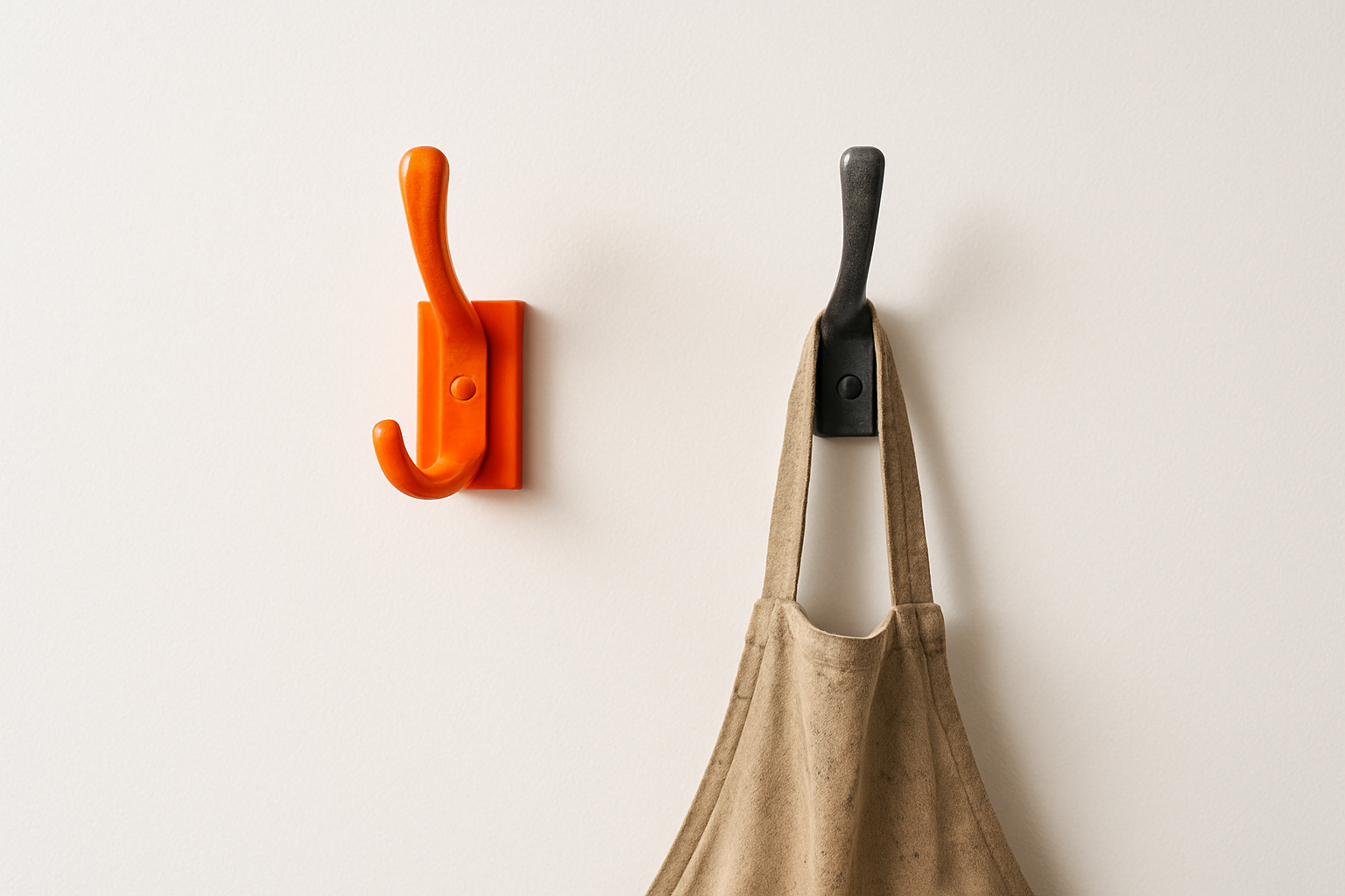 Empty orange coat hook beside a worn apron on a plain hook, symbolising ai readiness left unused