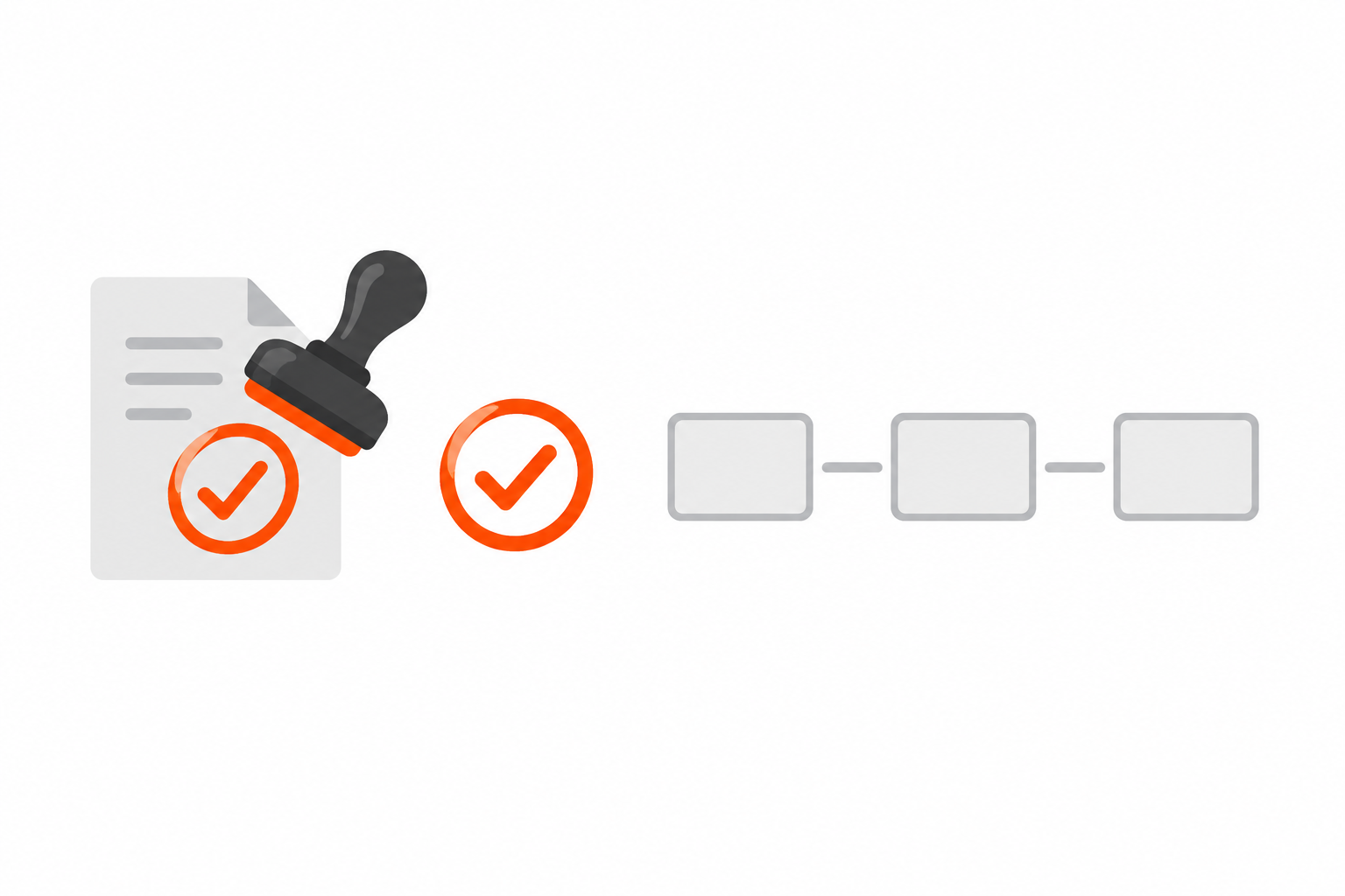 Charcoal stamp leaving an orange tick on a document, beside a row of plain grey boxes, none of them stamped