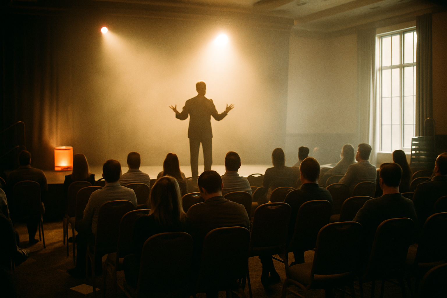 Corporate speaker presents to mid-sized audience during afternoon session as some attendees check phones, illustrating moment