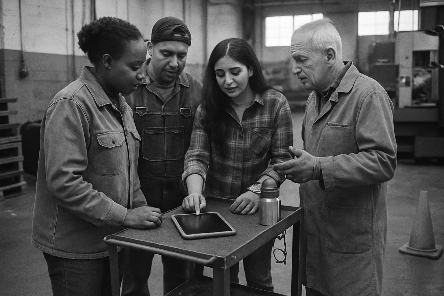 Factory workers gathered around tablet on tool cart discussing ai snippet alignment in manufacturing facility