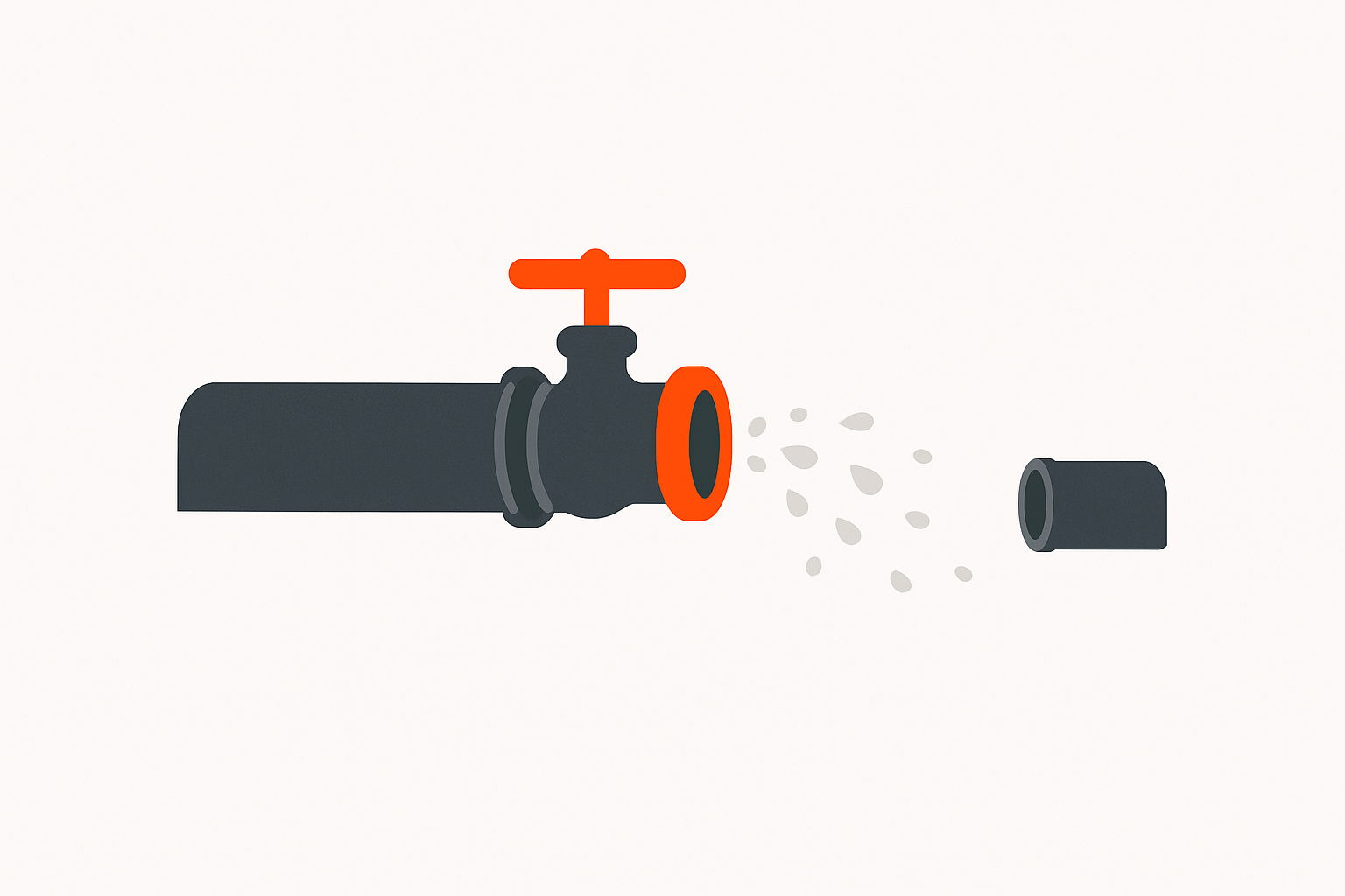 Charcoal pipe flow dispersing into fading droplets at an orange valve before reaching an empty second pipe