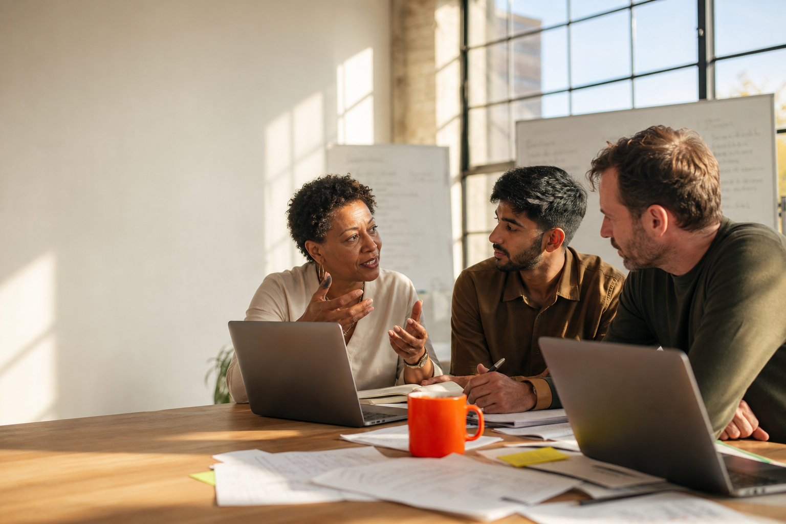 Diverse team in a bright office training room, focused and engaged in conversation around laptops, with natural light and one orange accent detail.