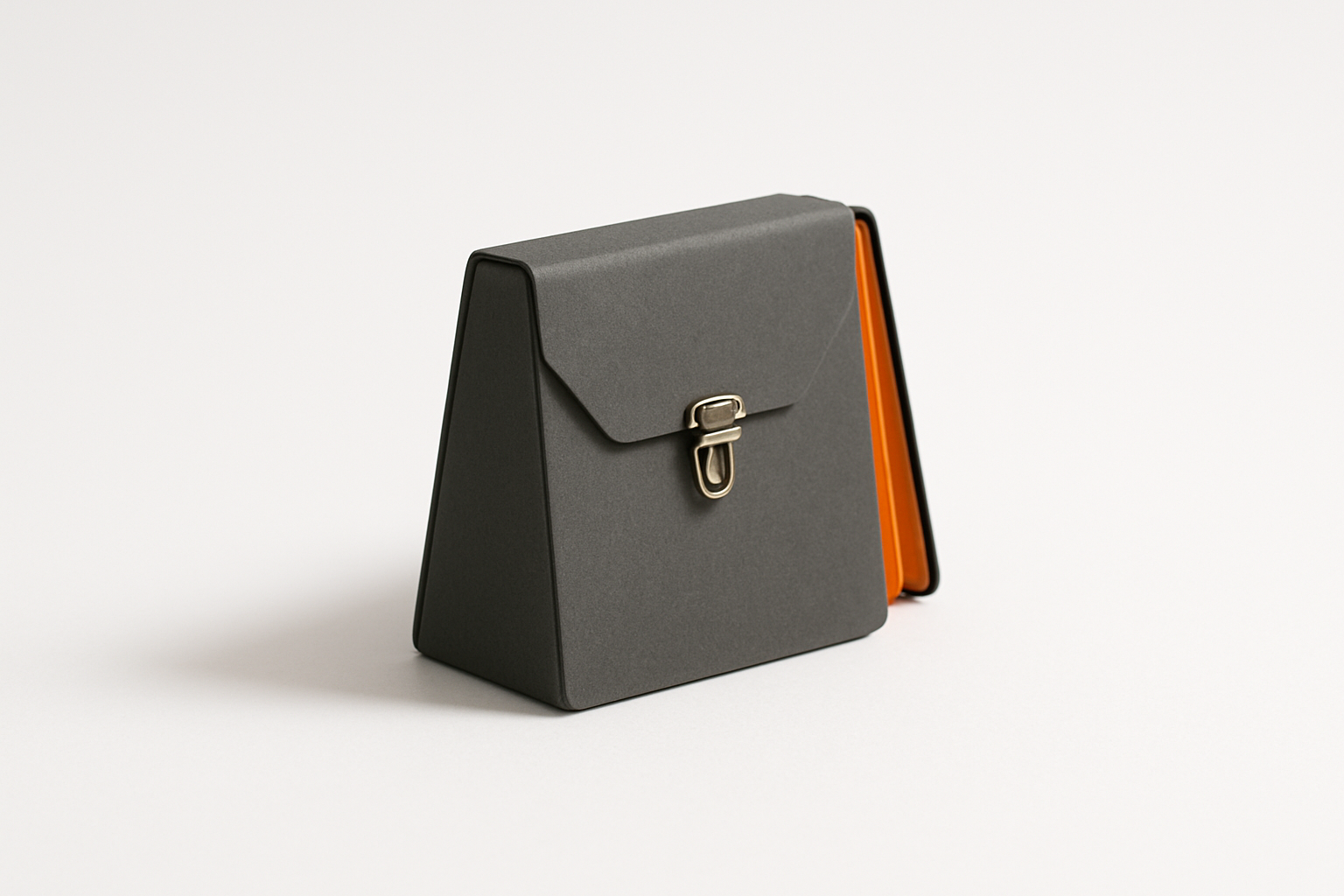 Charcoal grey accordion folder wedge clasped shut, a second wedge behind it open with a Robot Orange lacquered edge