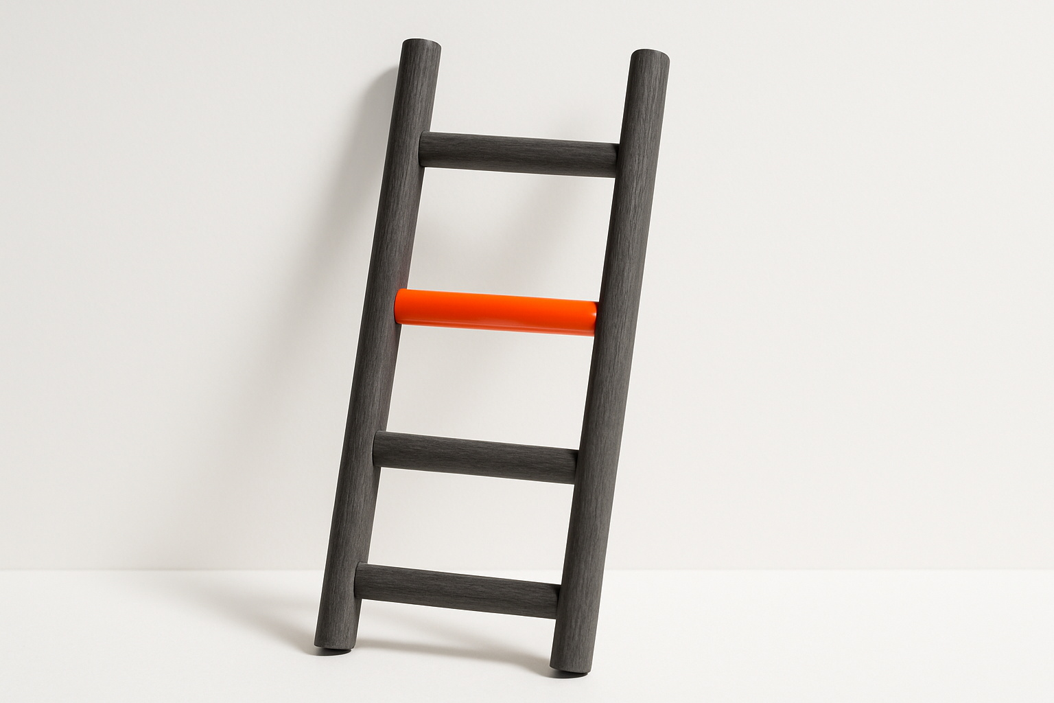 Single lacquered orange rung on an unfinished wooden ladder, symbolising an ai transformation strategy standing apart from th