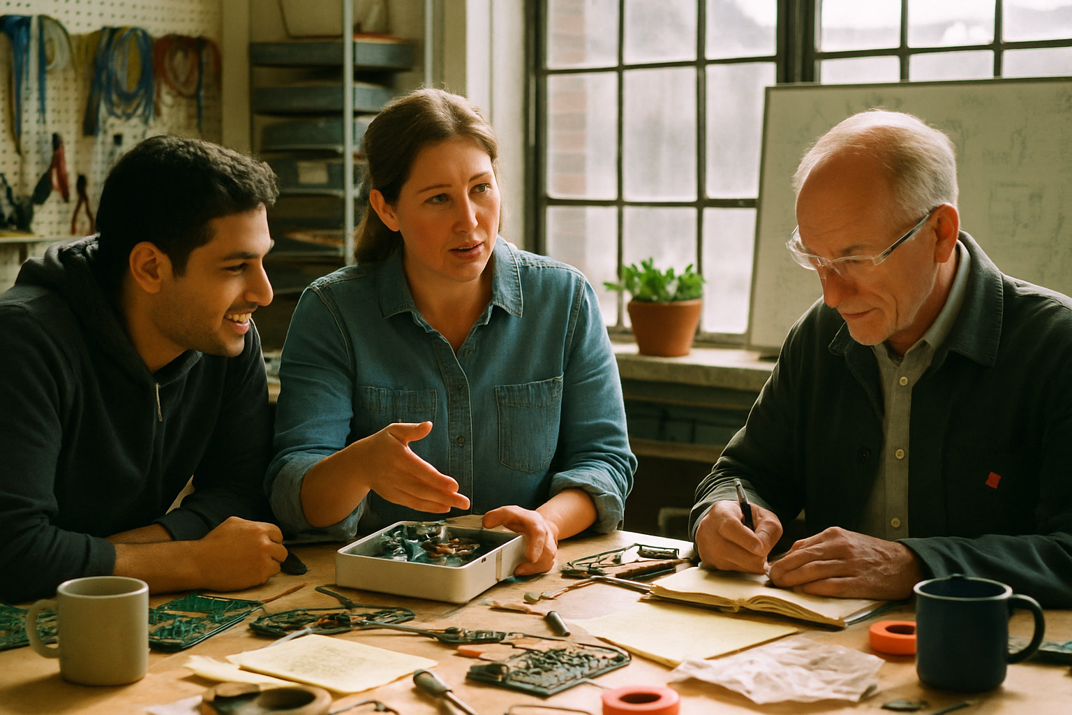 Researchers collaborate around a workbench covered in circuit boards and prototypes during an ai transformations workshop in 