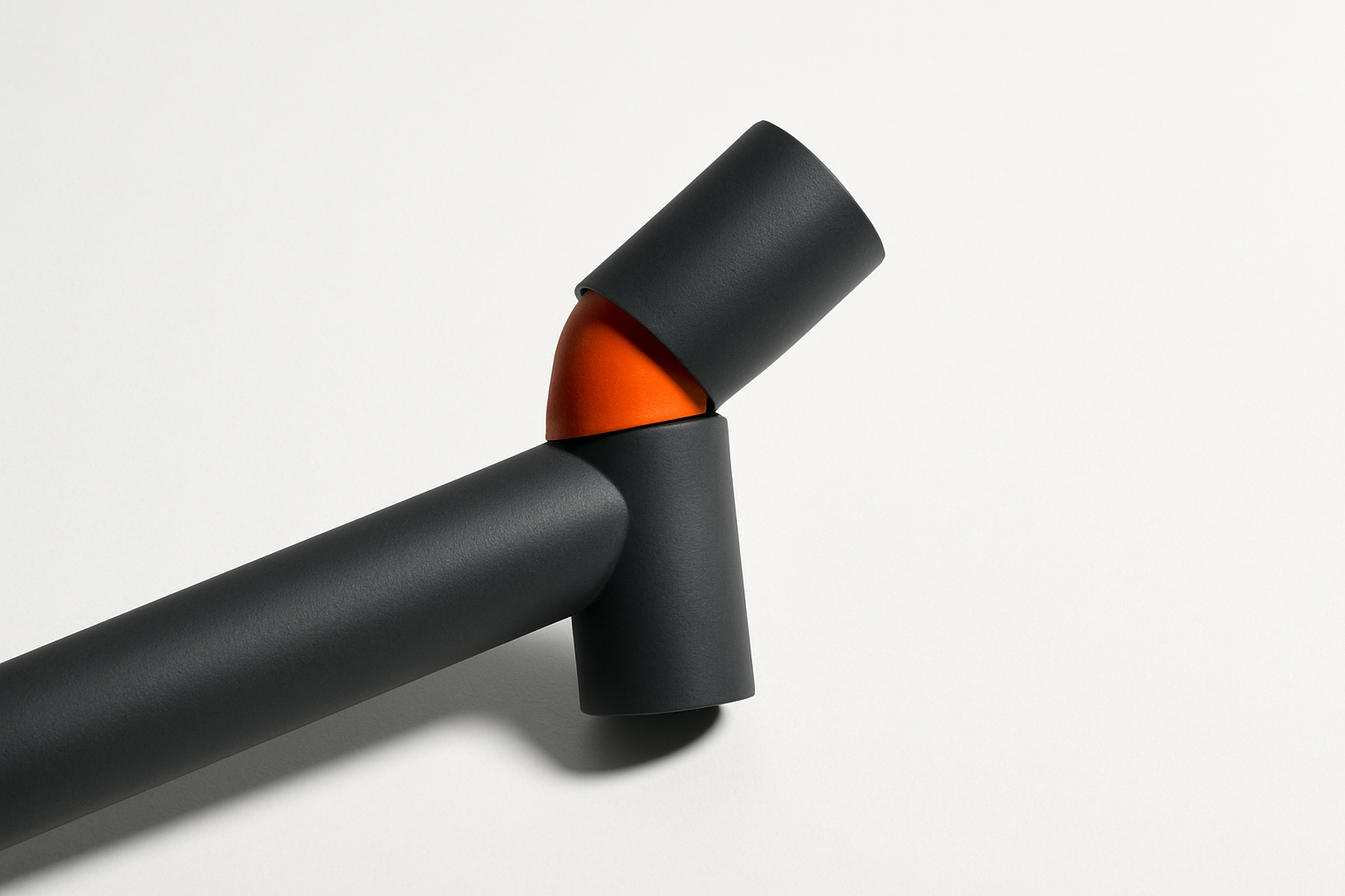 Two charcoal pipes meeting at an offset, orange-ringed joint, illustrating ai workflow misalignment against white space