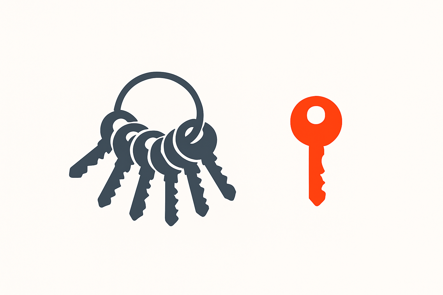 Charcoal grey keys clustered on a ring beside a single orange key, symbolizing focus in ai workforce training