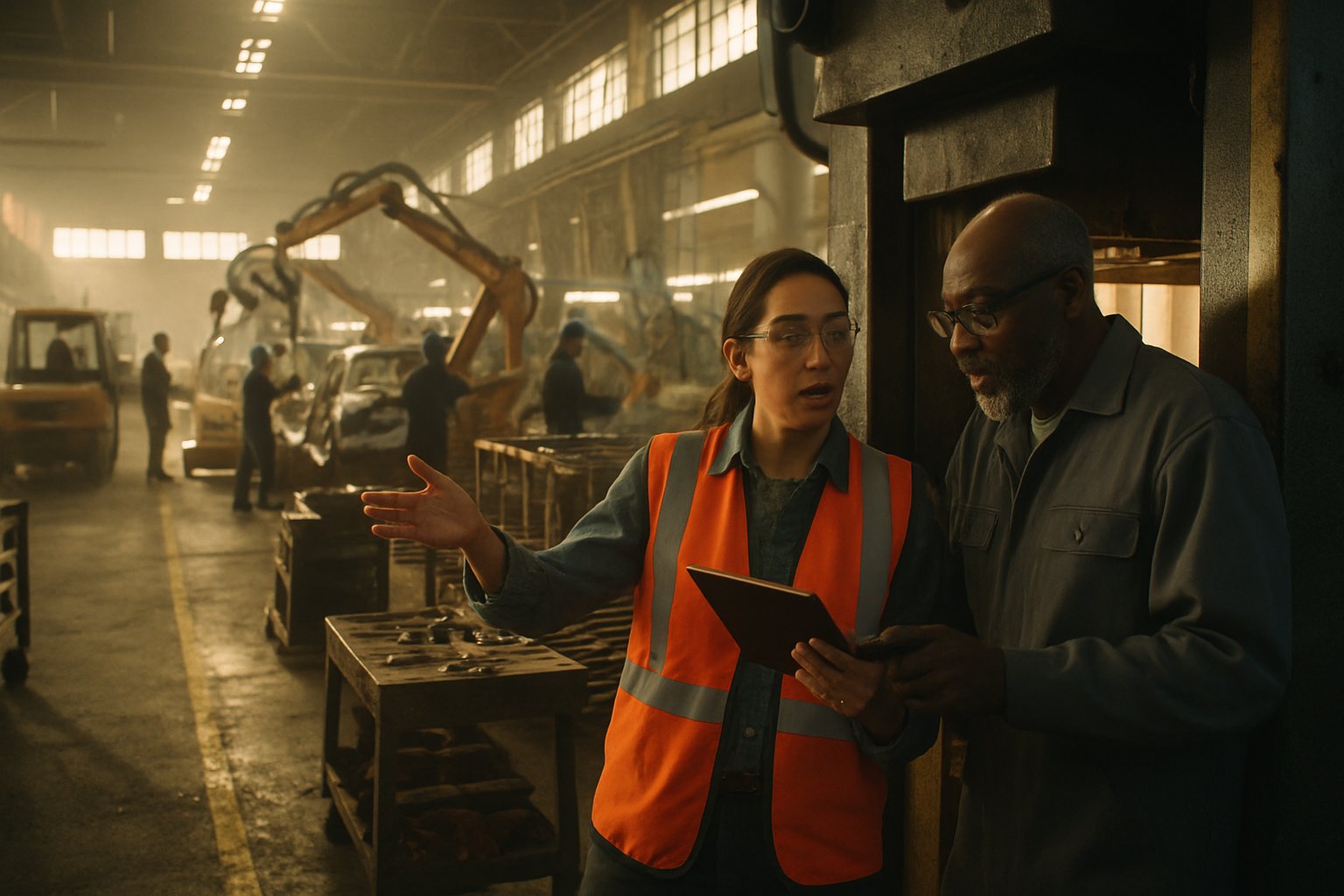 Factory supervisor and technician discuss ai workforce training on tablet during shift change on automotive assembly line