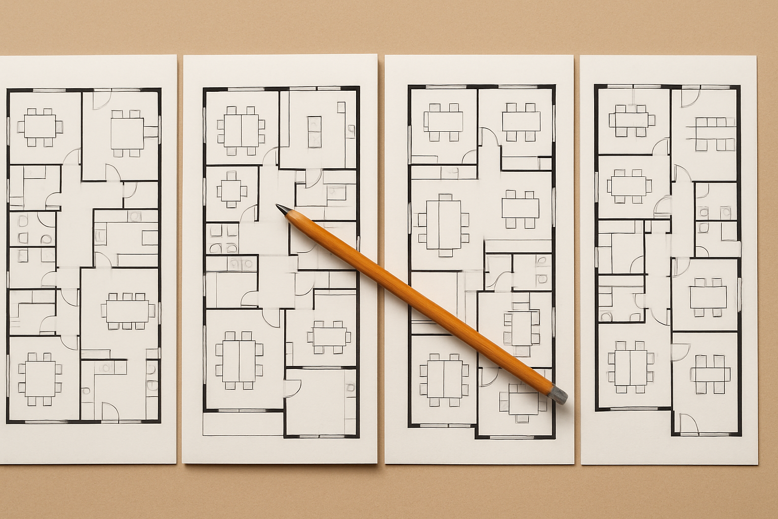 Four mismatched office blueprints on a table with an orange ruler across them, symbolizing how to align executives on one AI