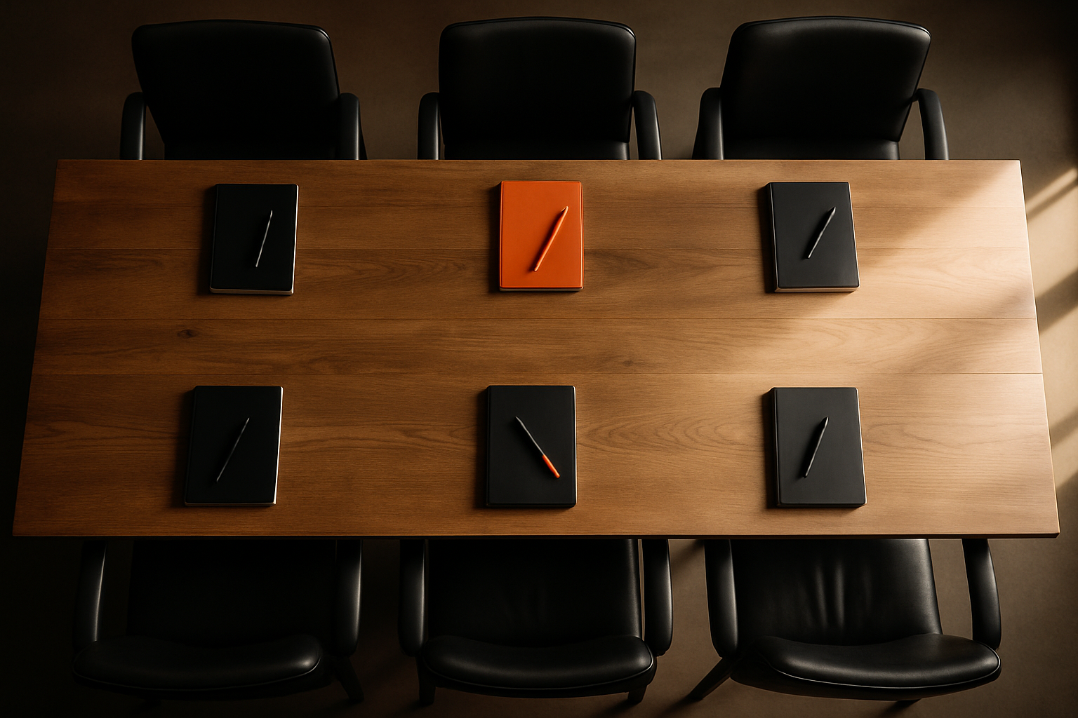 Overhead view of an empty boardroom table with six notebooks, one askew, symbolizing efforts to align leadership team on AI s