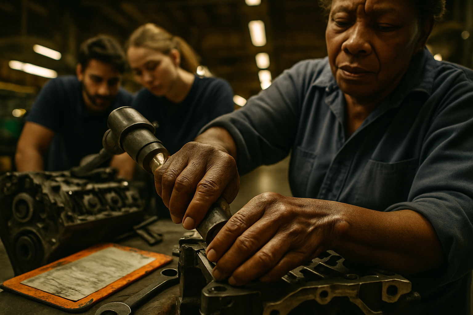 Experienced line supervisor adjusts torque wrench on engine block while training technicians in automotive assembly plant, de