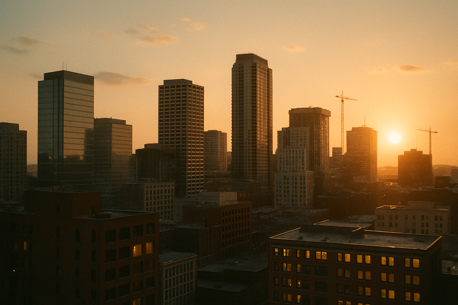 A mid-sized American cityscape at golden hour with one window glowing orange as AI updates drip texts across the transitionin