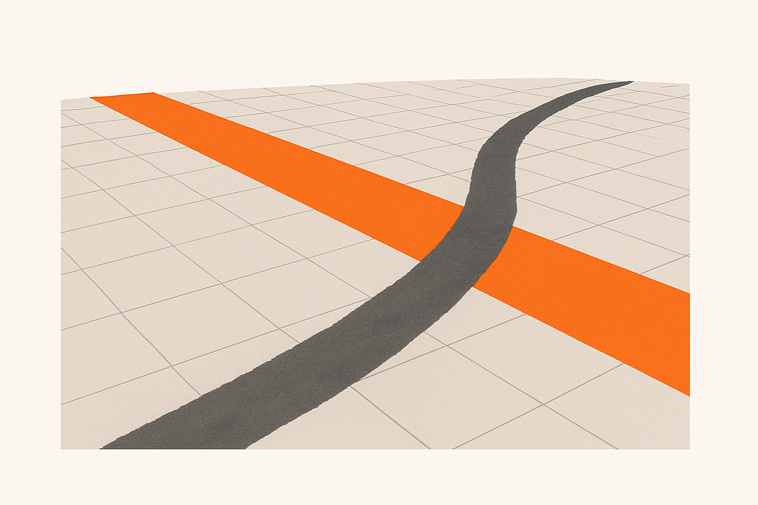 Worn diagonal desire line bypassing an unused orange path, symbolizing a changeover AI solution ignored on the floor
