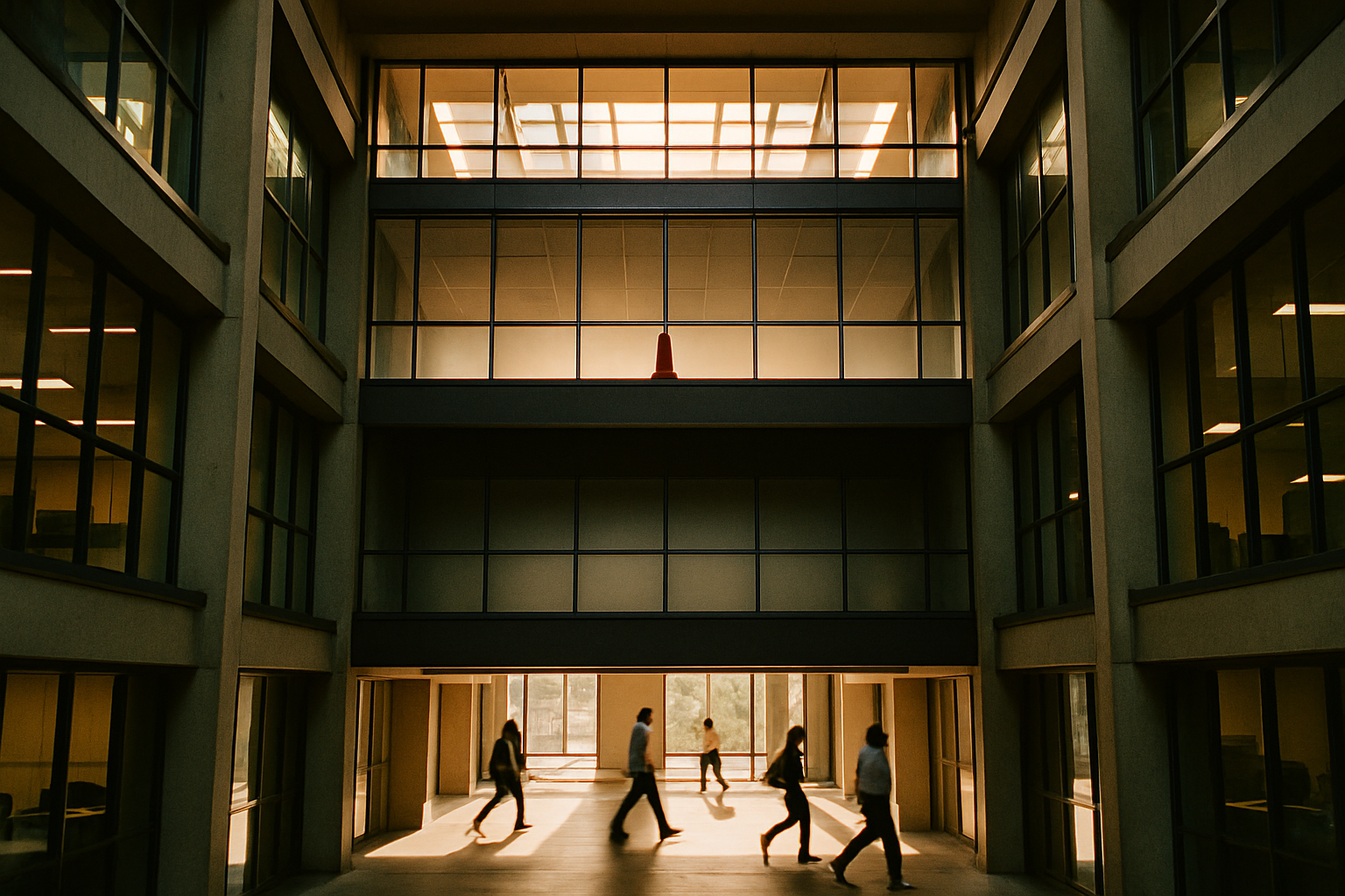 Corporate atrium shot from below showing three stacked levels with bright top and bottom floors, while the middle walkway sit