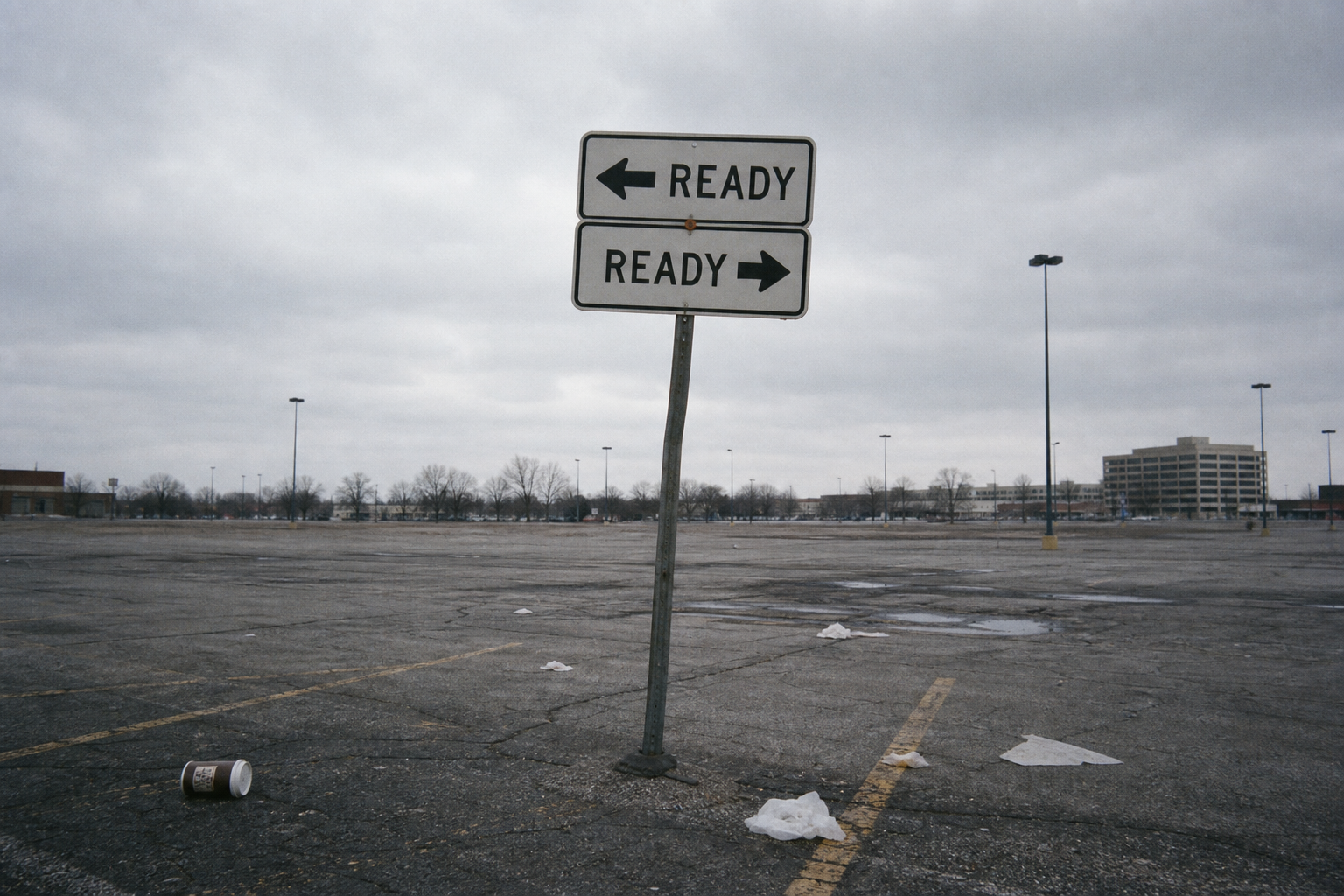 Two divergent directional arrows labeled ready in a desolate parking lot symbolizing enterprise ai readiness