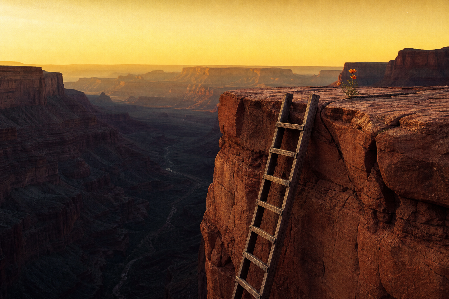 Wooden ladder leaning against a vast sandstone canyon cliff toward a lone orange flower for enterprise automation strategy