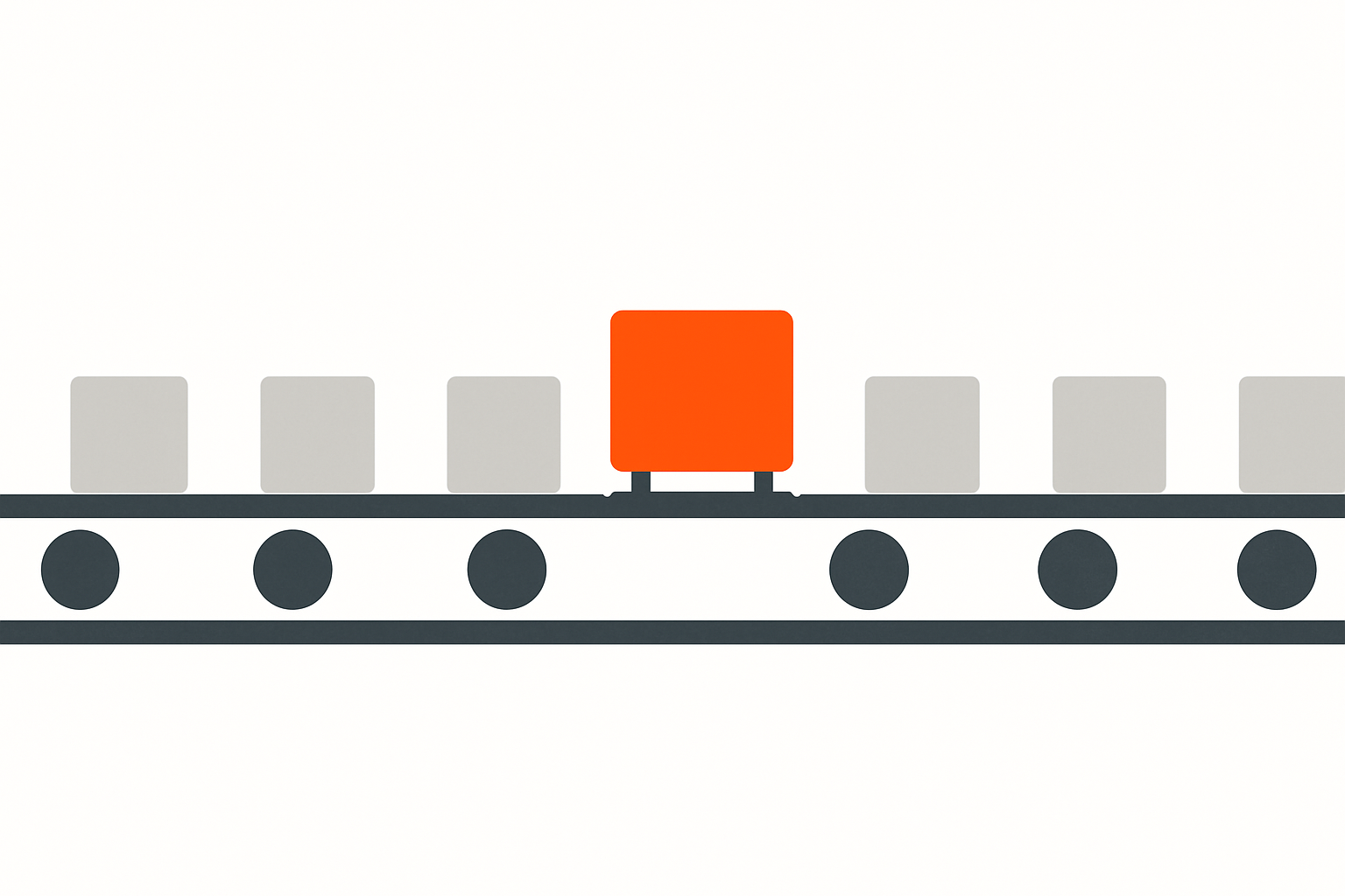 Conveyor belt of grey system blocks with one orange block mounted, symbolising AI used in hiring and HR