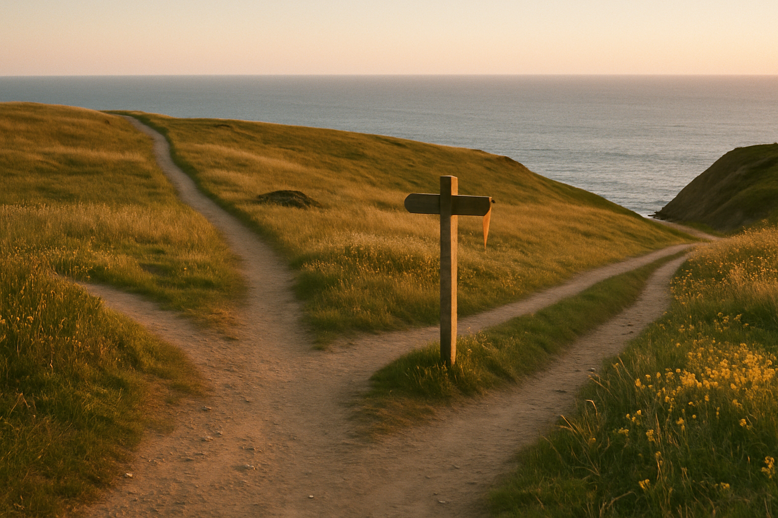 Coastal trail fork at golden hour where two worn paths diverge through grassland toward the ocean, weathered marker with oran